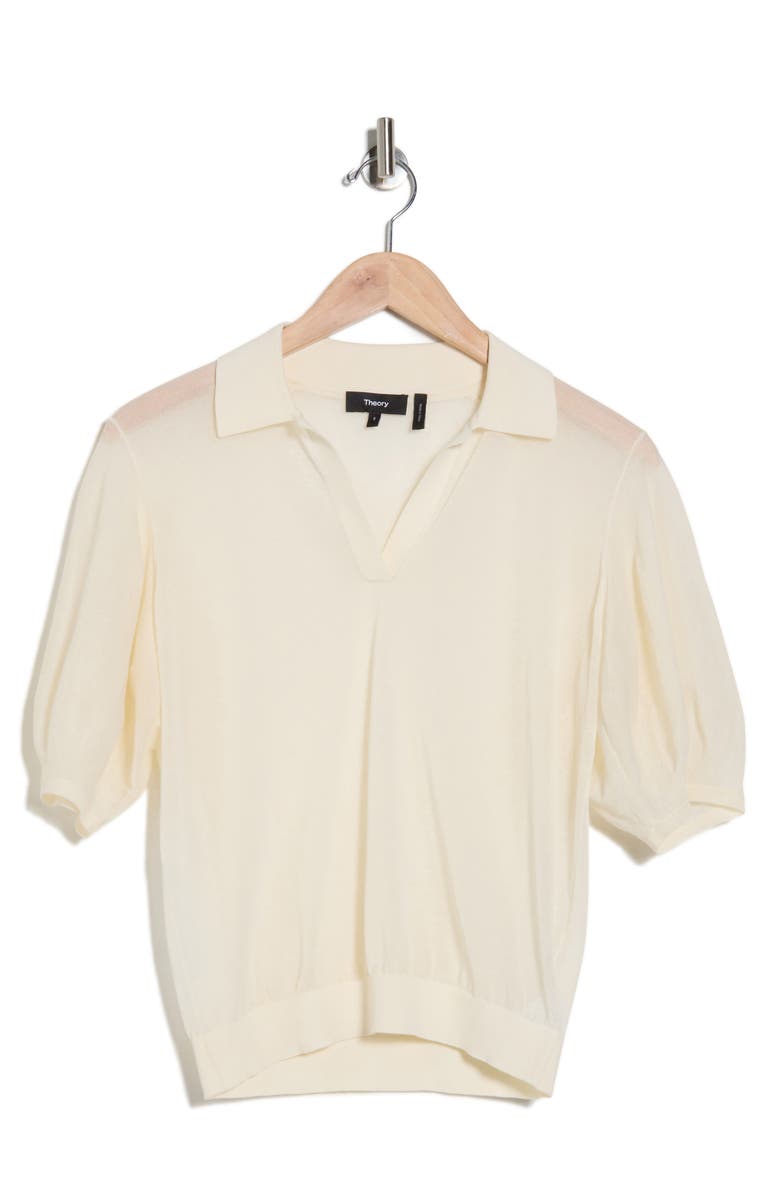 Theory Puff Sleeve Crepe Knit Polo, Alternate, color, Cream