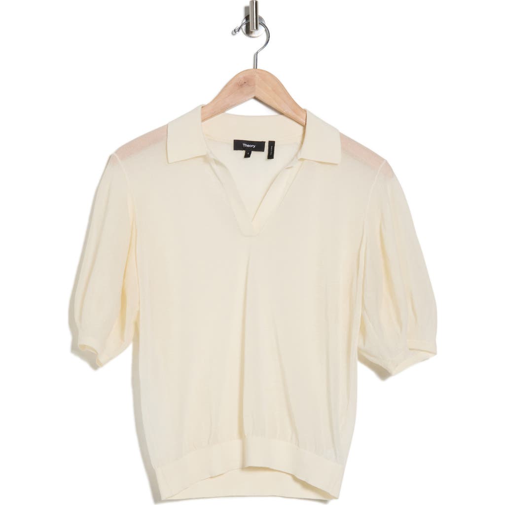 Theory Puff Sleeve Crepe Knit Polo In Neutral