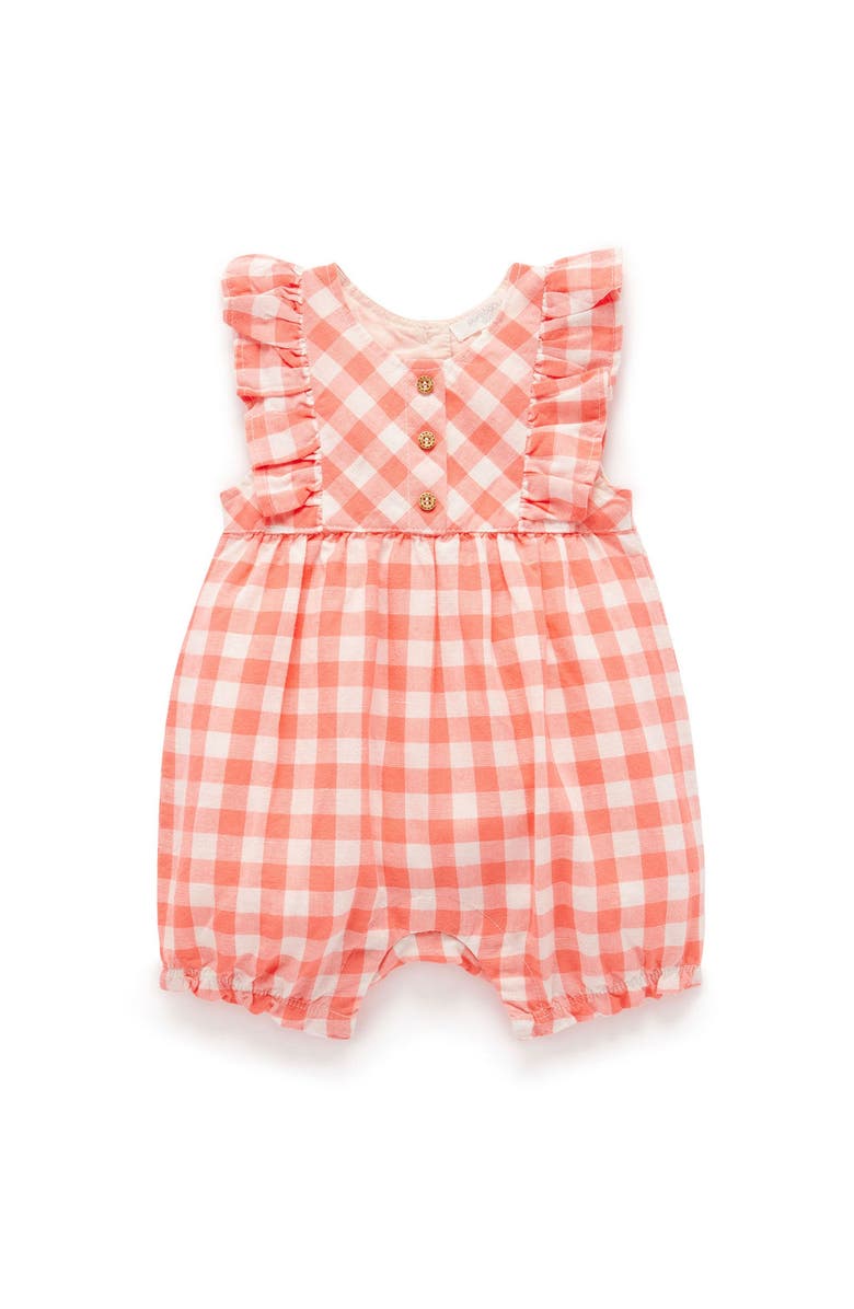 Purebaby Gingham Romper, Main, color, Coral Gingham