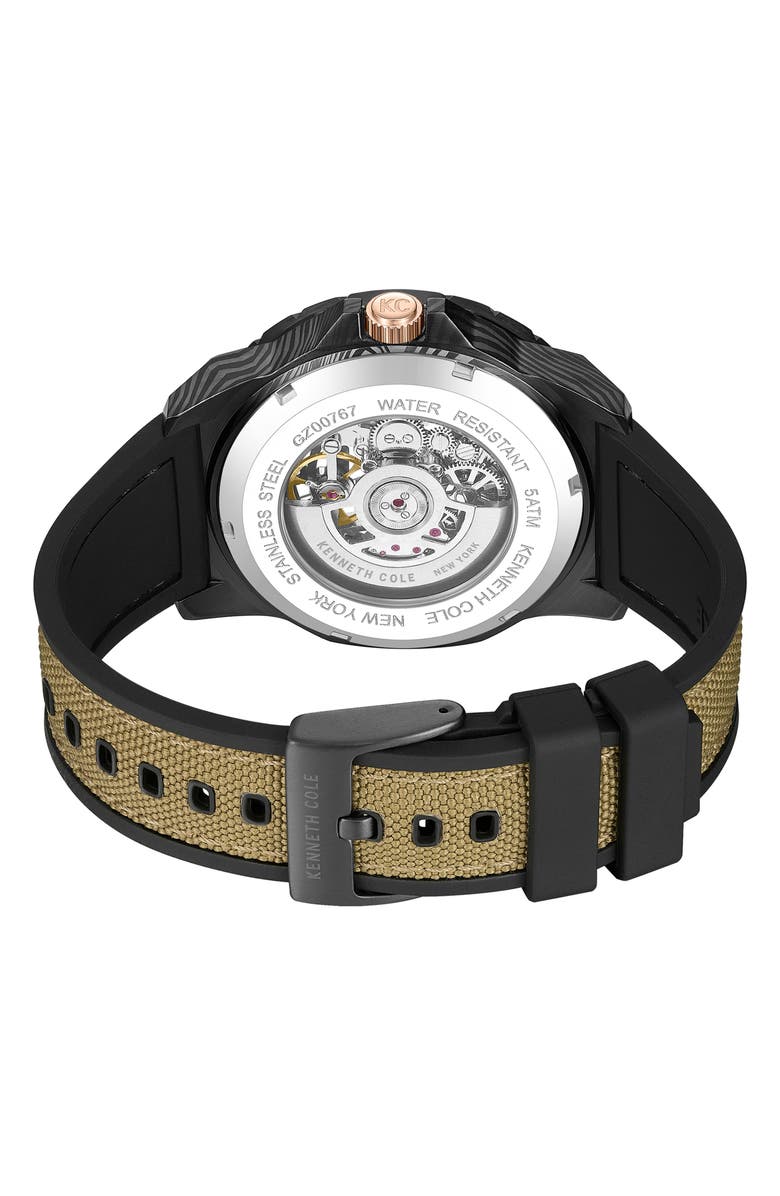 Kenneth Cole New York The Hollis Skeleton Automatic Silicone & Nylon Strap, 45mm, Alternate, color, Tan / Brown Light