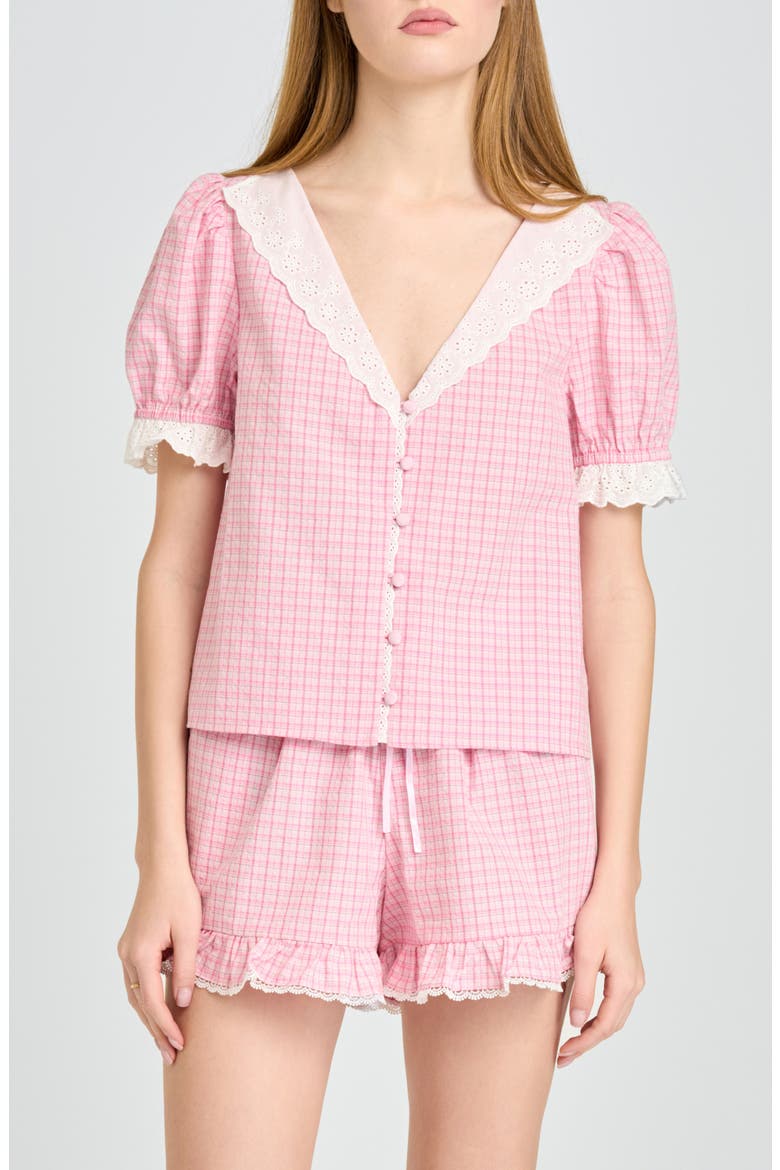 Emma Eyelet Trim Plaid Button-Up Top, Main, color, PINK