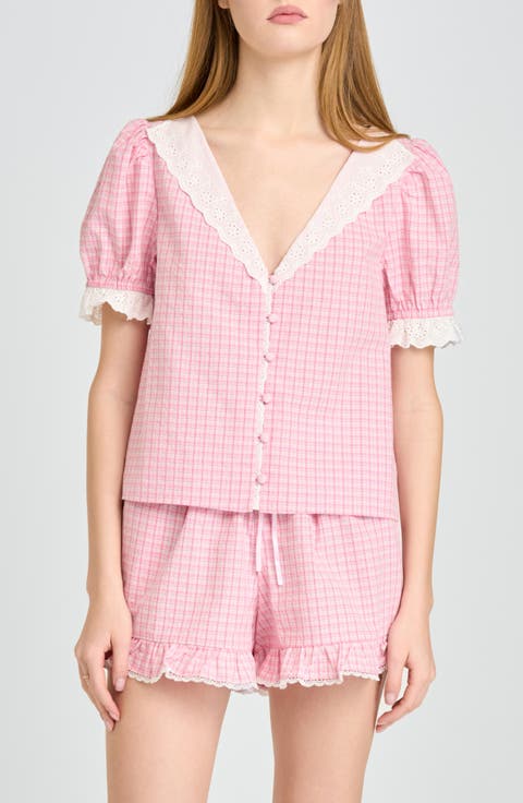 Emma Eyelet Trim Plaid Button-Up Top