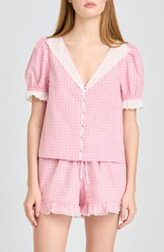 WAYF Emma Eyelet Trim Plaid Button-Up Top