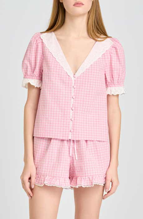 Emma Eyelet Trim Plaid Button-Up Top
