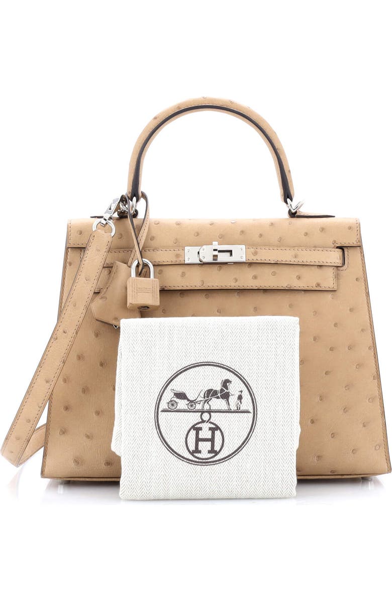 Pre-Owned Hermes Kelly Handbag Brown Ostrich with Palladium Hardware 25, Alternate, color,