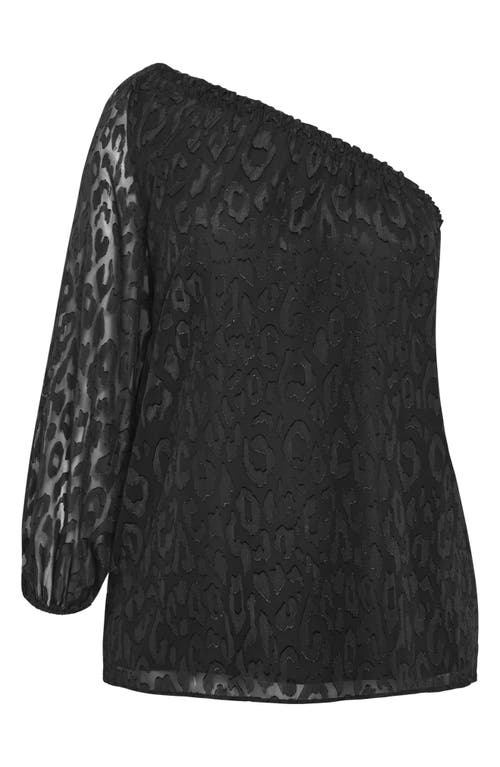 City Chic Jojo Leopard Jacquard One-shoulder Top In Black