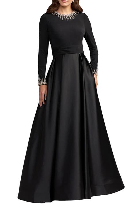 Embellished Long-Sleeve Satin Ball Gown