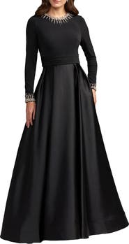 Mac Duggal Embellished Long-Sleeve Satin Ball Gown