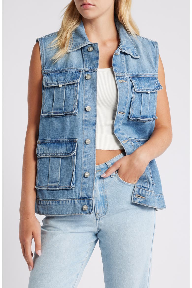 Oversize Denim Cargo Vest, Main, color, MEDIUM WASH