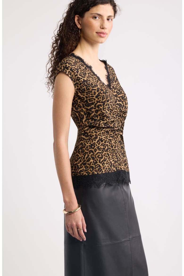 Lace Trim Ruched Top, Alternate, color, TAN- BLACK LEONE LEOPARD