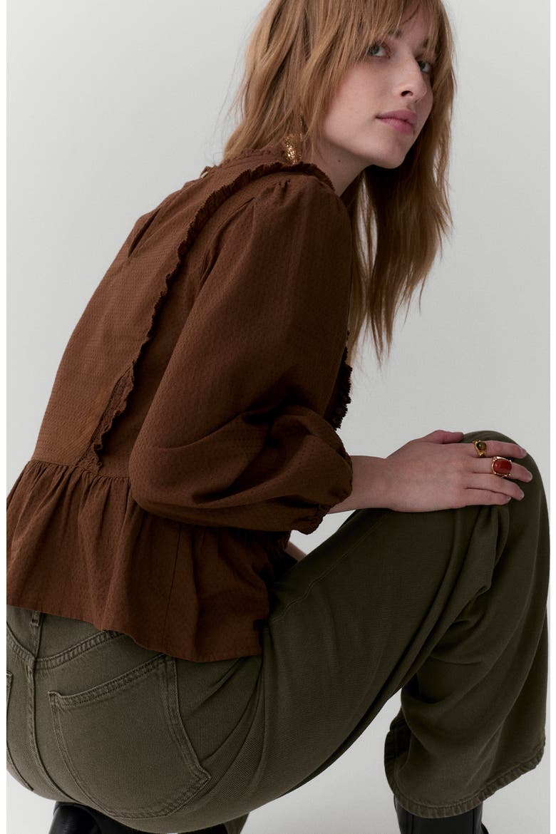 Pleated Ruffle Trim Cotton Peplum Top, Alternate, color, CONKER CHOCOLATE BROWN