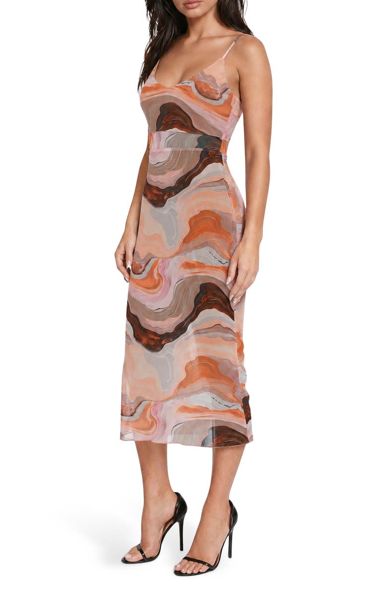bebe Printed Mesh V-Neck Illusion Midi Dress, Alternate, color, Blue Tan