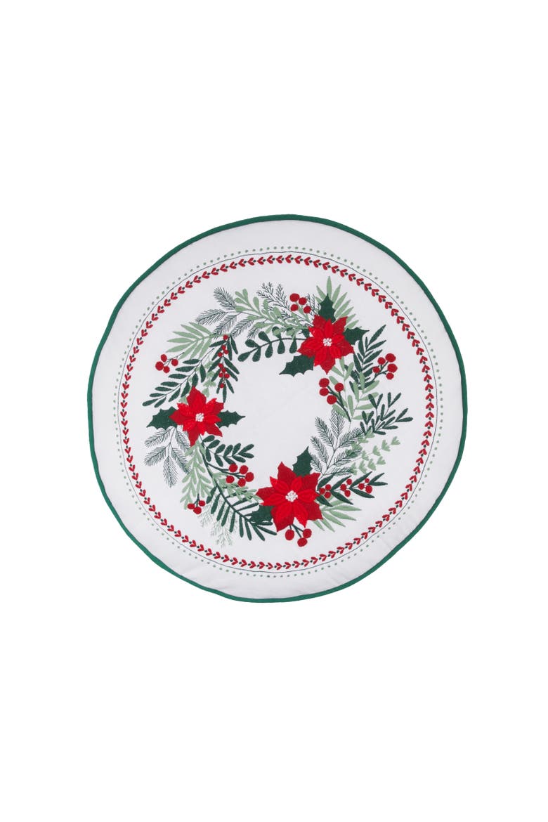 Poinsettia Wreath Round Shaped Embroidered Christmas Throw Pillow 18" x 18", Main, color, Green