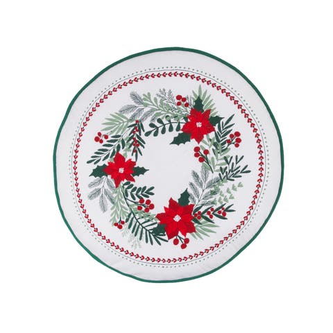 Poinsettia Wreath Round Shaped Embroidered Christmas Throw Pillow 18" x 18"