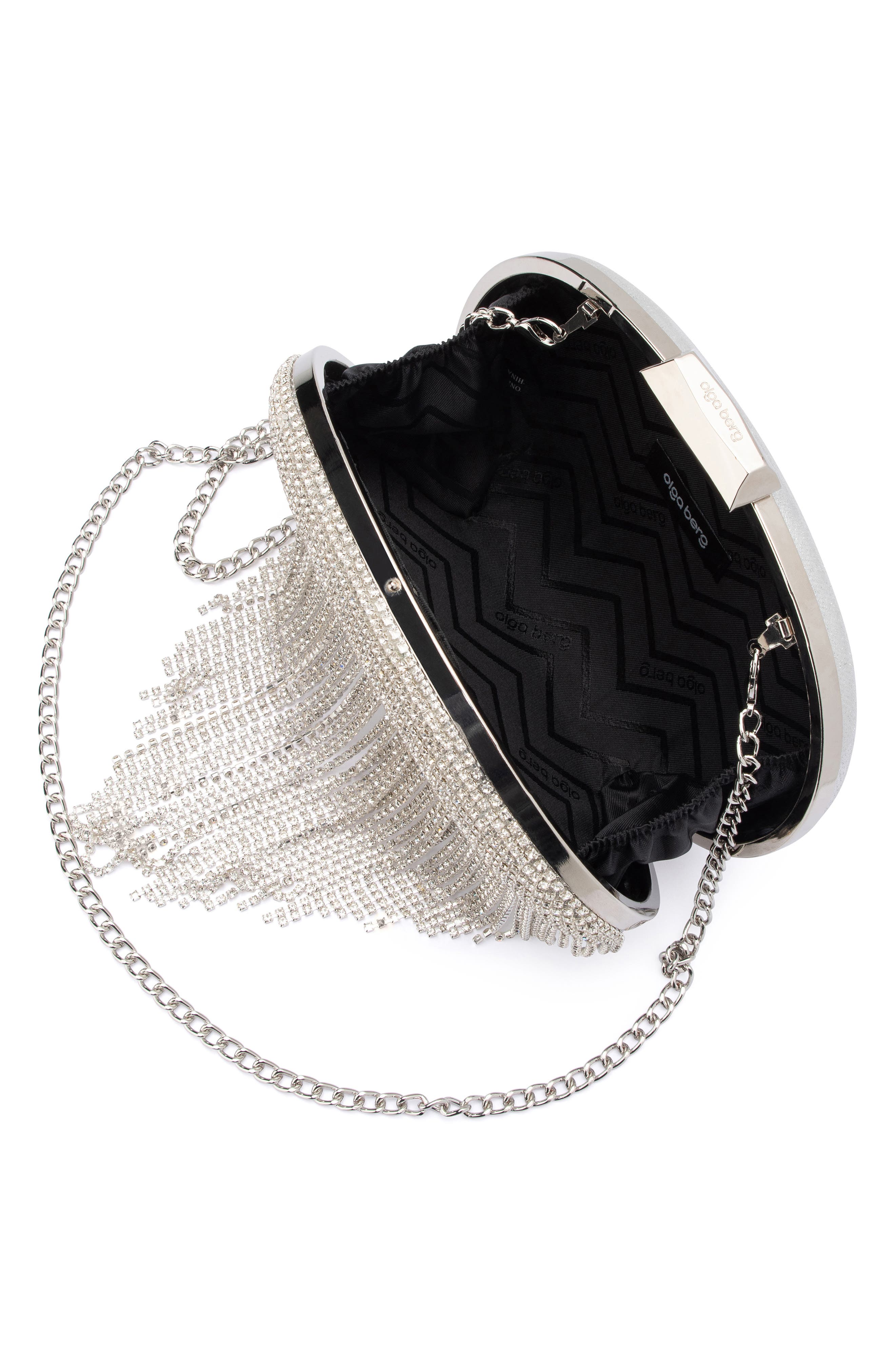 Olga Berg Bria Crystal Fringe Clutch, Alternate, color, Silver