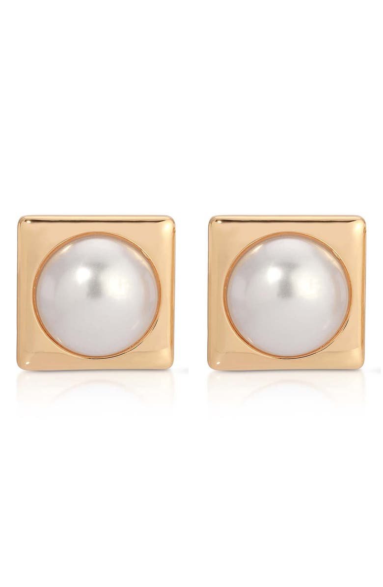 Ettika Square Faux Pearl Stud Earrings, Main, color, Gold