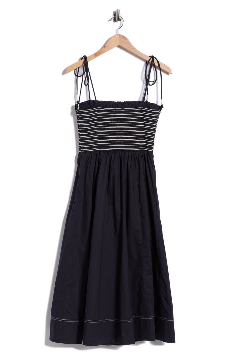 Kaela Smocked Tie Strap Midi Dress, Alternate, color, NAVY