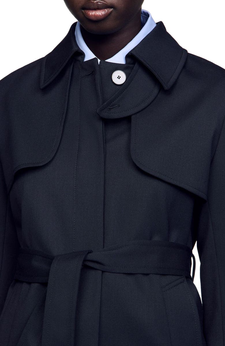 SANDRO Trench coat with pleated inset, Alternate, color, Navy Blue
