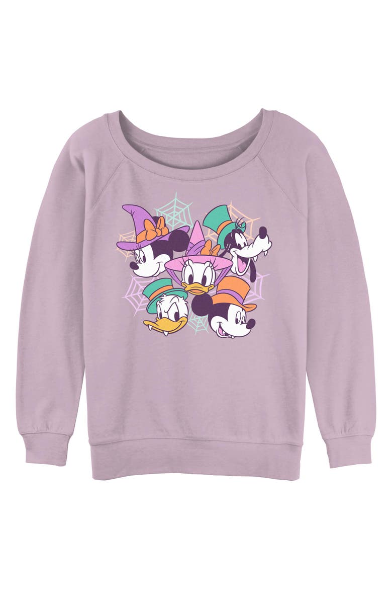 Juniors Mickey & Friends Halloween Pop Group Portraits Sweatshirt, Main, color, Lavender