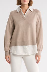 Adrianna Papell V-Neck Twofer Sweater