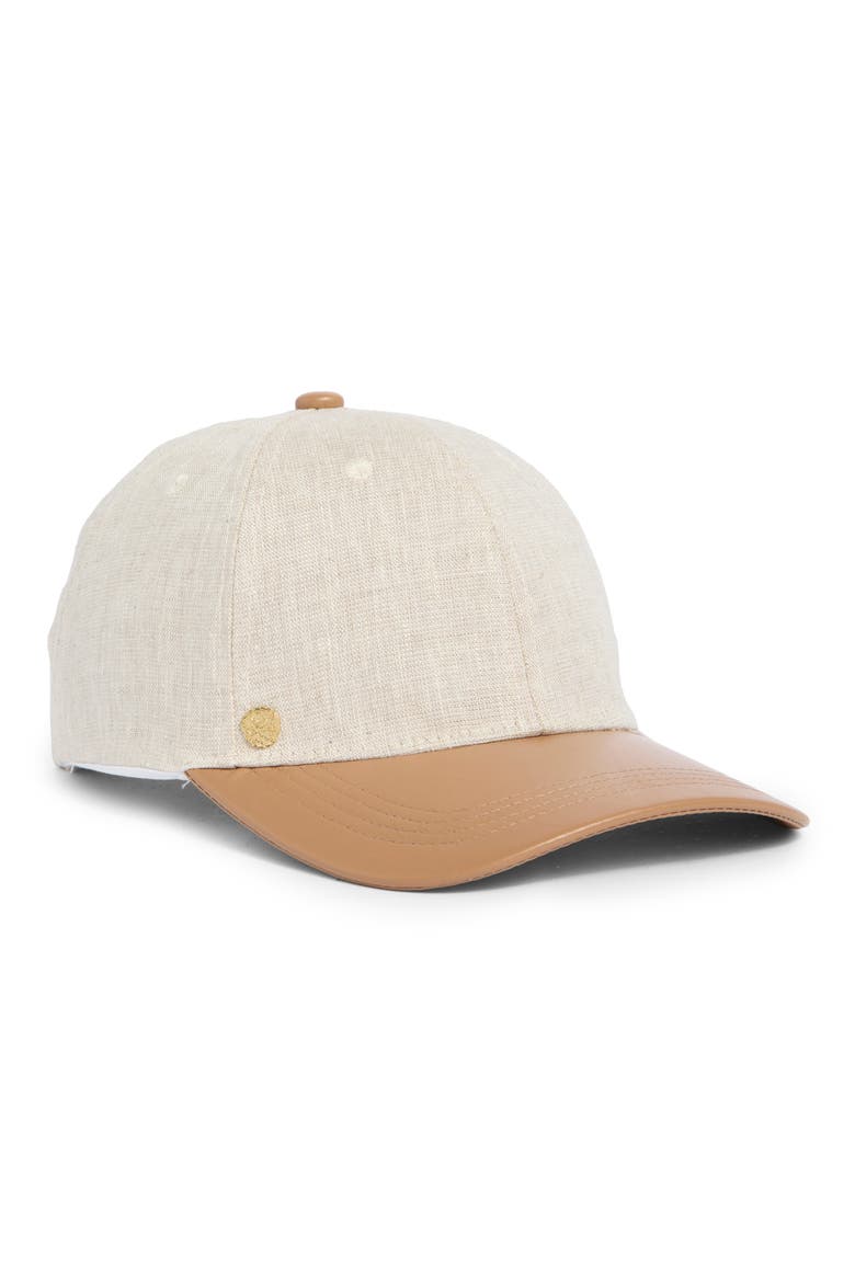 Linen and Faux Leather Baseball Cap, Main, color, NATURAL