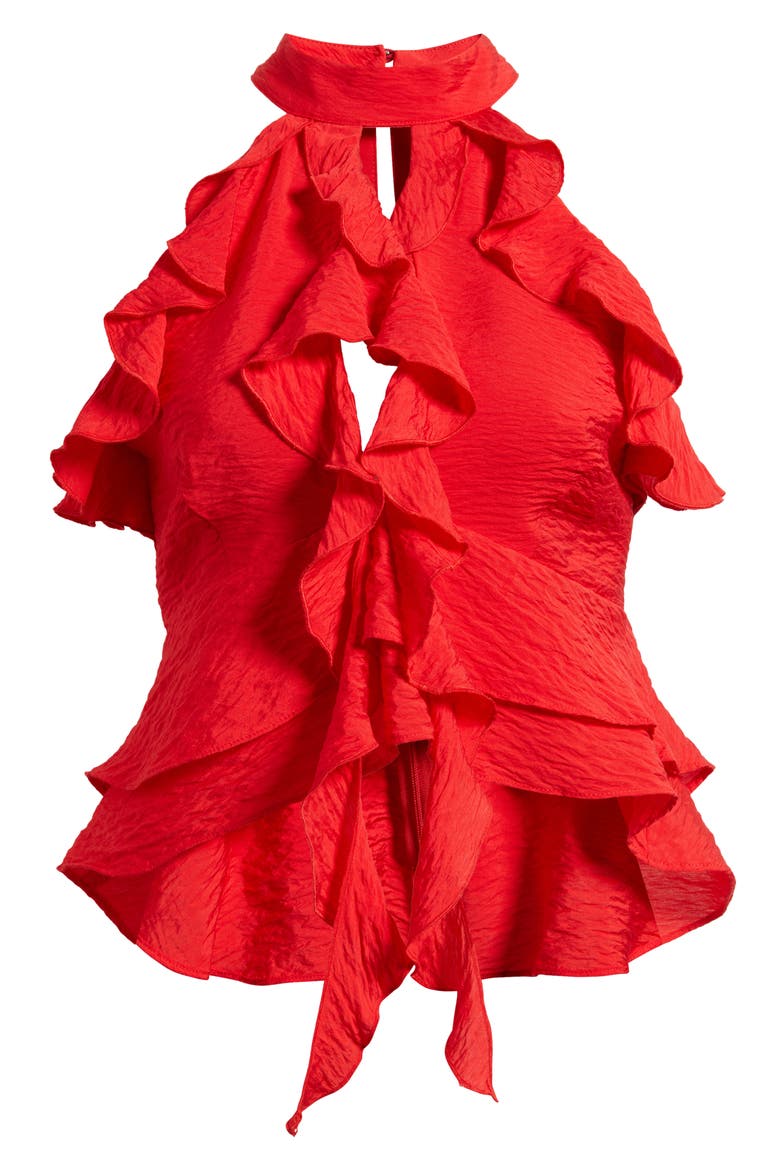 Ruffle Trim Halter Top, Alternate, color, POPPY RED