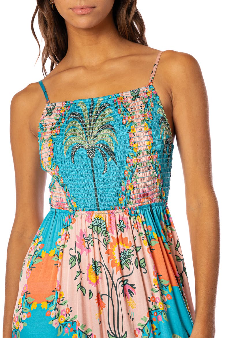 Isadora Arabian Palm Smocked Cover-Up Maxi Dress, Alternate, color, AQUAMARINE