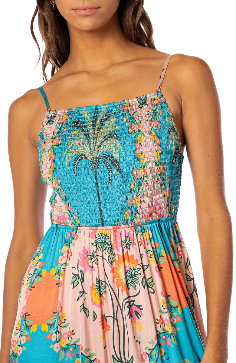 Maaji Isadora Arabian Palm Smocked Cover-Up Maxi Dress, Alternate, color, Aquamarine