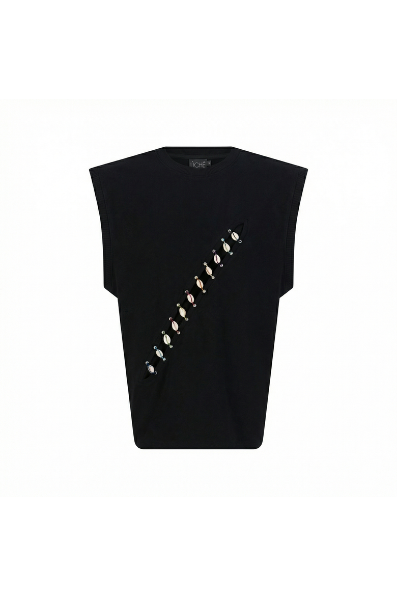Cowrie Shell Embellished Sleeveless Shirt, Main, color, Black