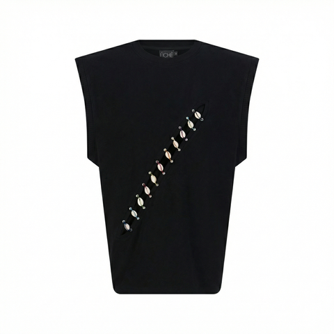 Cowrie Shell Embellished Sleeveless Shirt