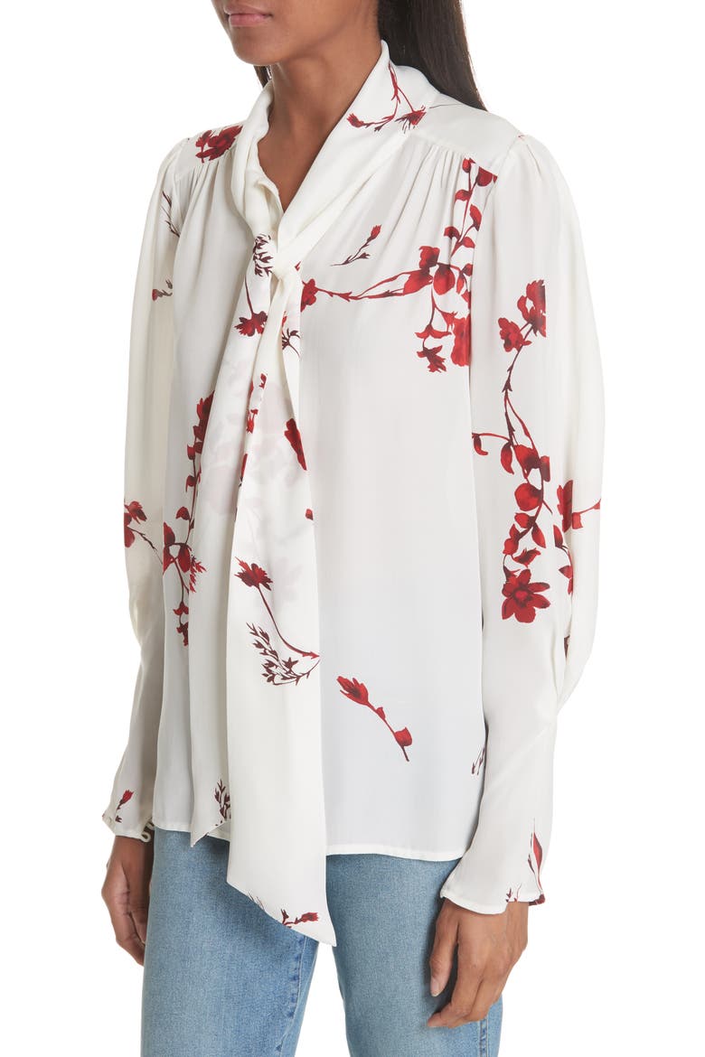 Angeletta Tie Neck Floral Silk Blouse, Alternate, color, PORCELAIN