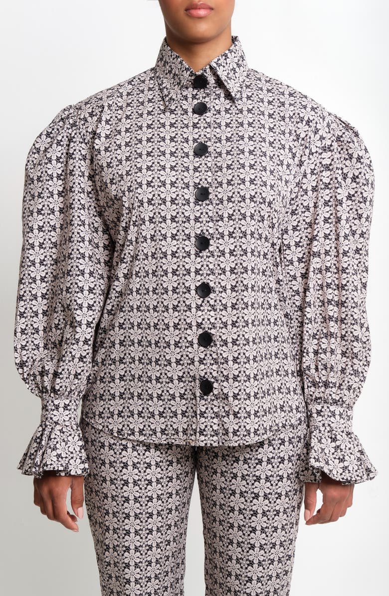 The Lulo Project Sotomayor Puff Sleeve Button-Up Shirt, Main, color, Macrame All Over