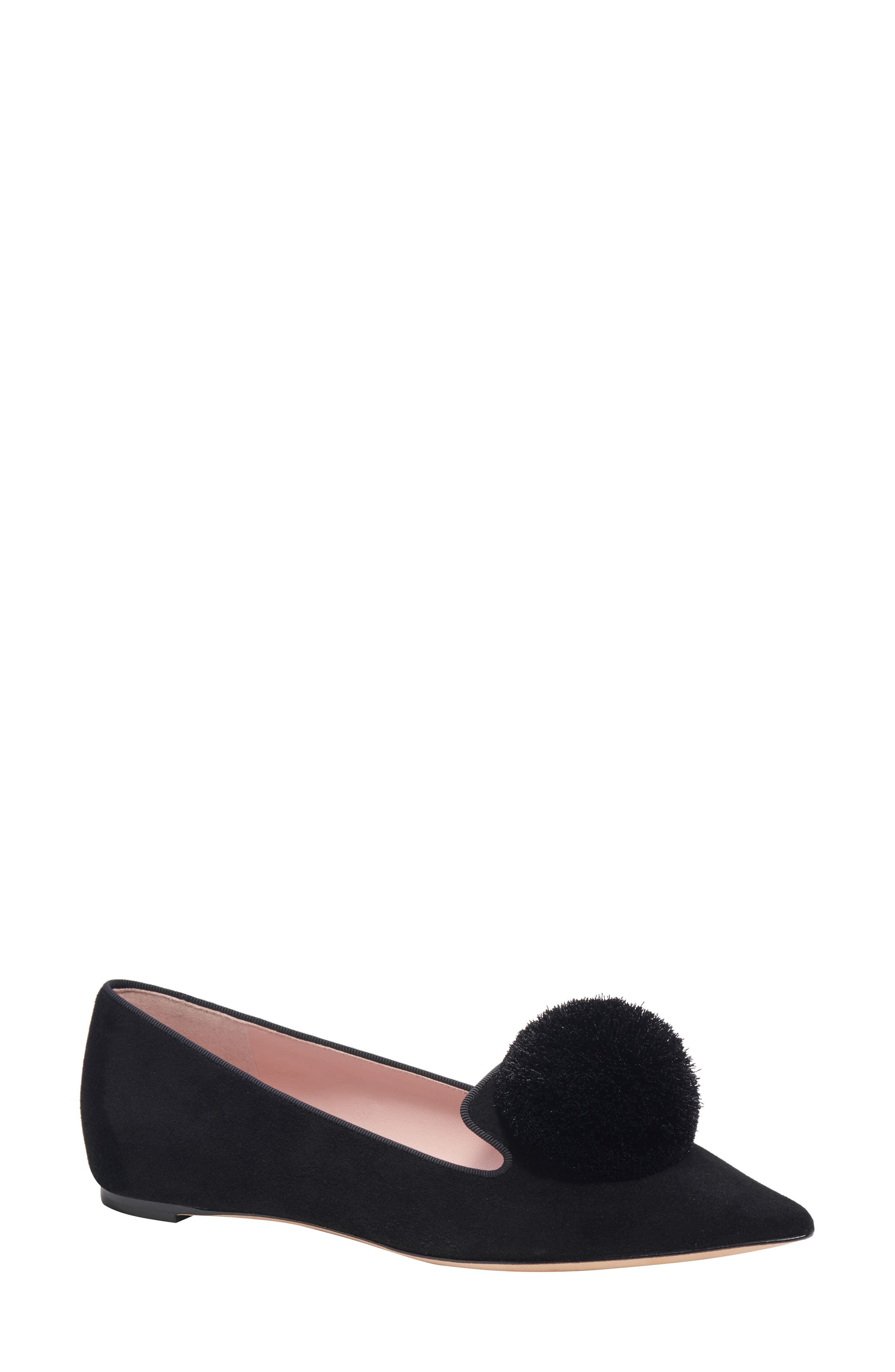 amour pompom pointed toe flat, Main, color, BLACK