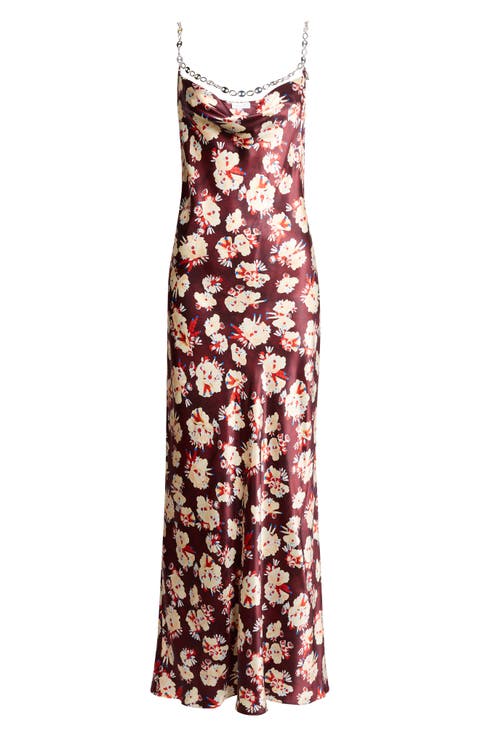 Floral Chain Strap Silk Satin Gown