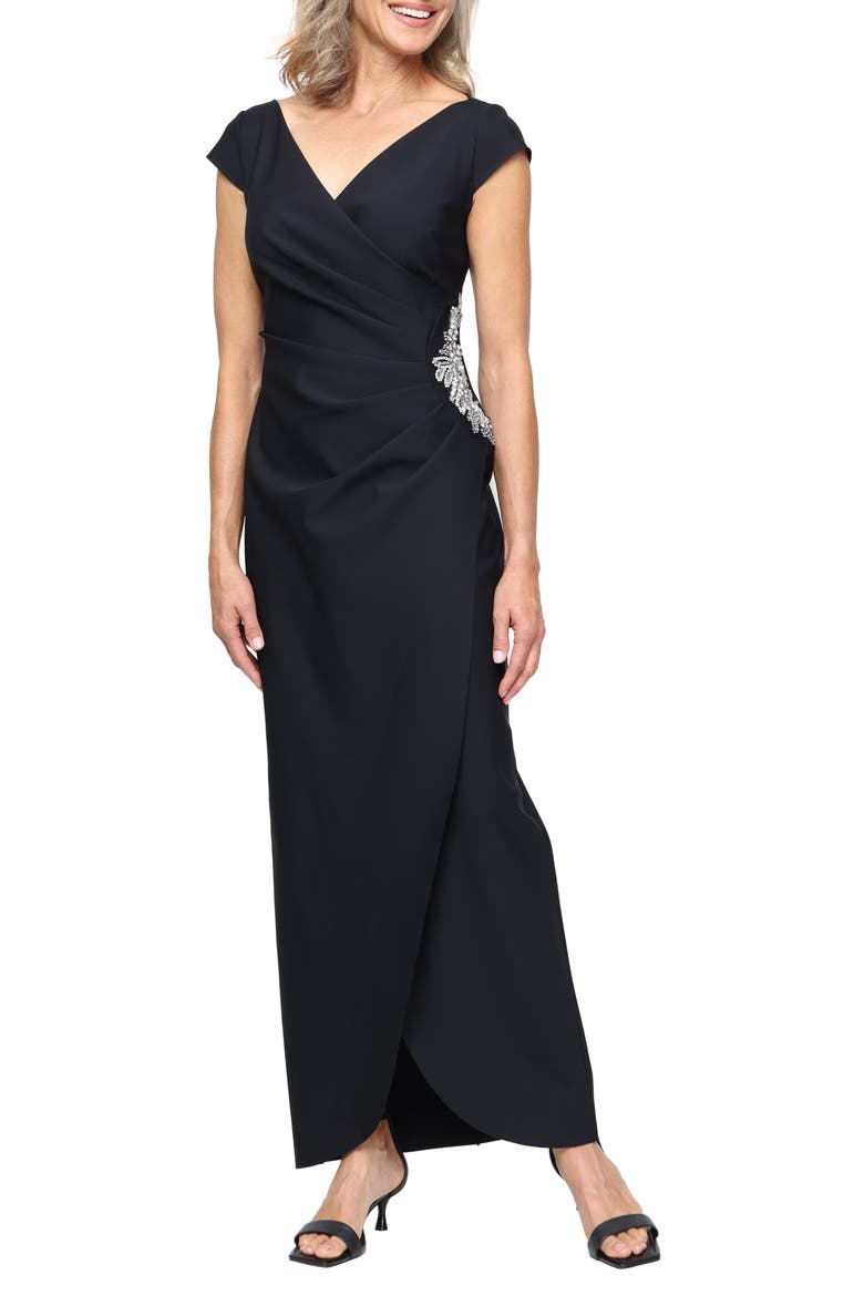 Ruched Beaded Gown, Main, color, BLACK