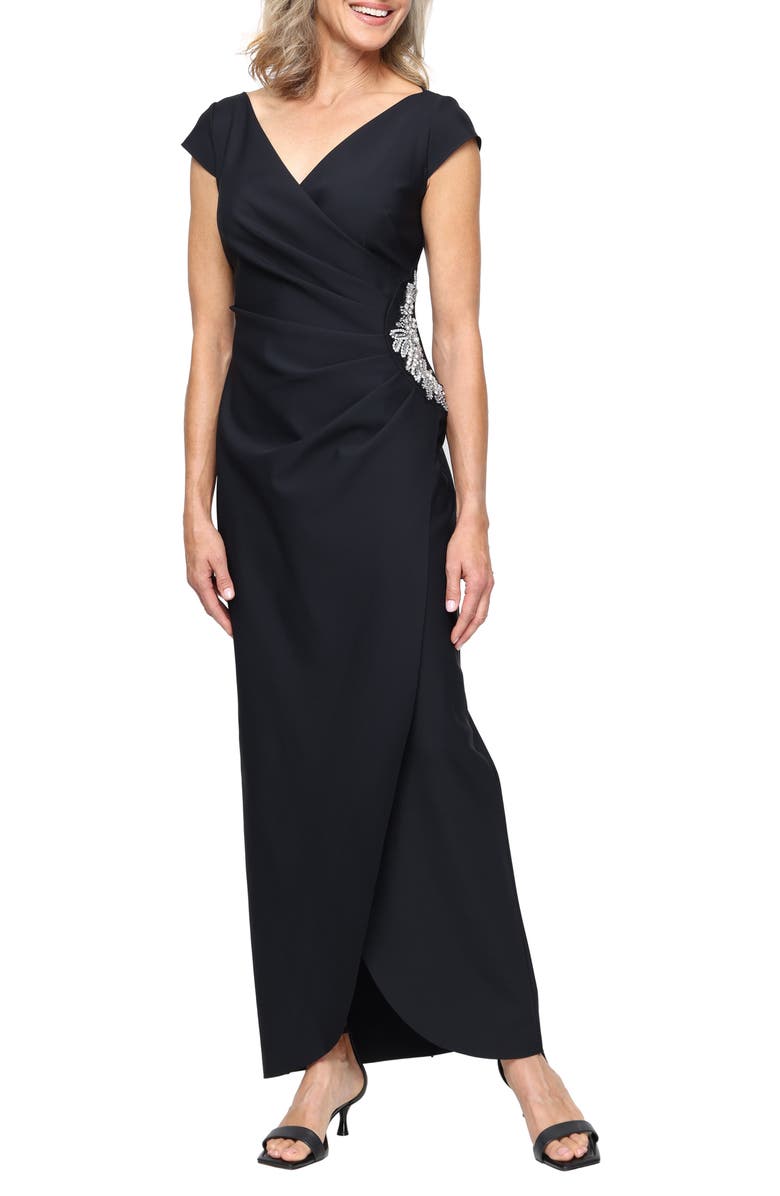 Alex Evenings Ruched Beaded Gown, Main, color, Black