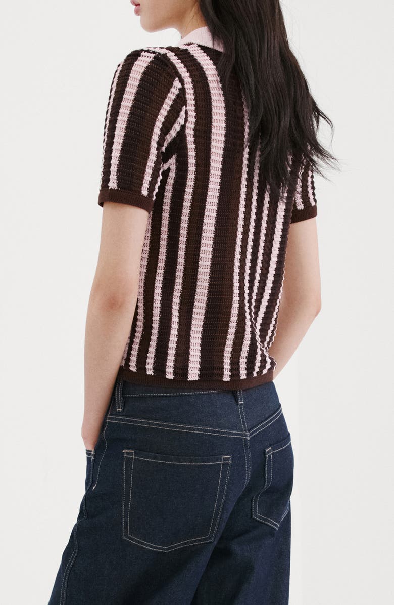 MANGO Stripe Short Sleeve Polo Sweater, Alternate, color, Chocolate
