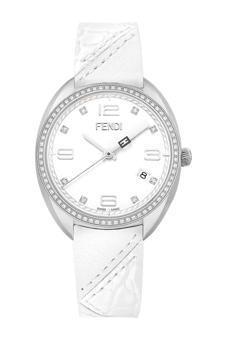 Women's Momento Fendi Diamond Bezel Leather Strap Watch, 34mm - 0.35 ctw, Main, color, STAINLESS STEEL