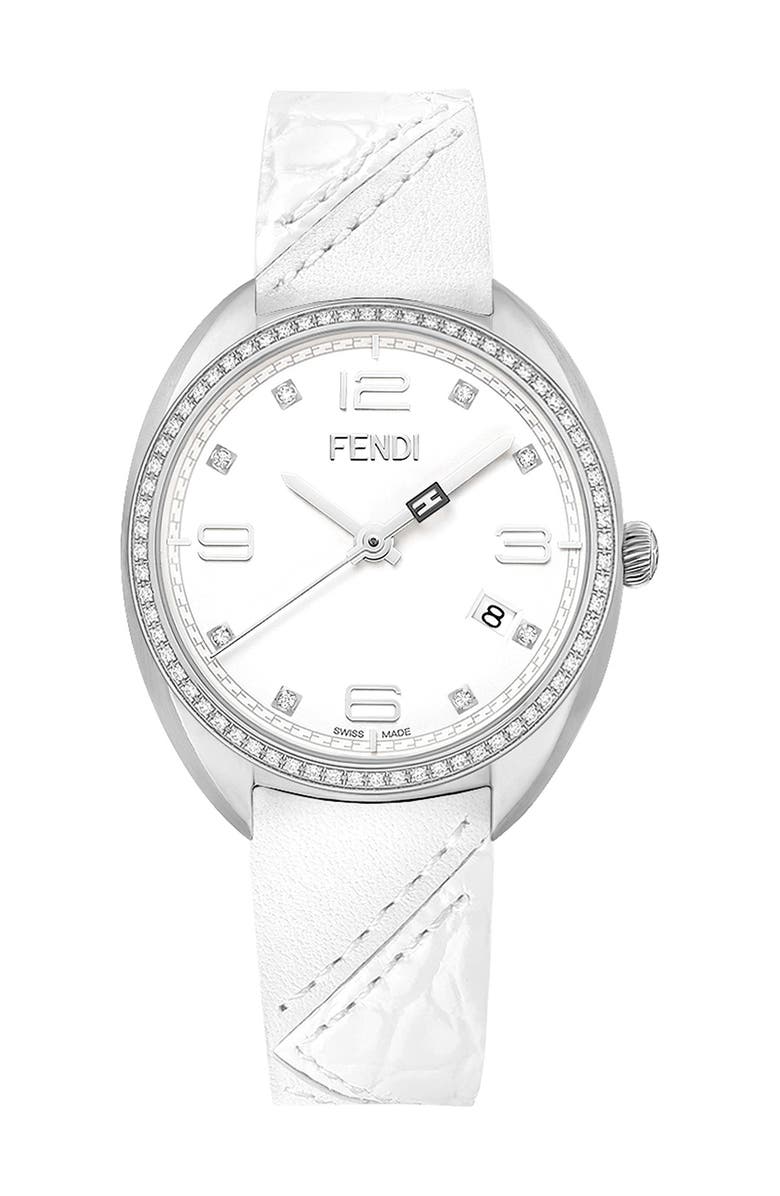 Fendi Women's Momento Fendi Diamond Bezel Leather Strap Watch, 34mm - 0.35 ctw, Main, color, Stainless Steel