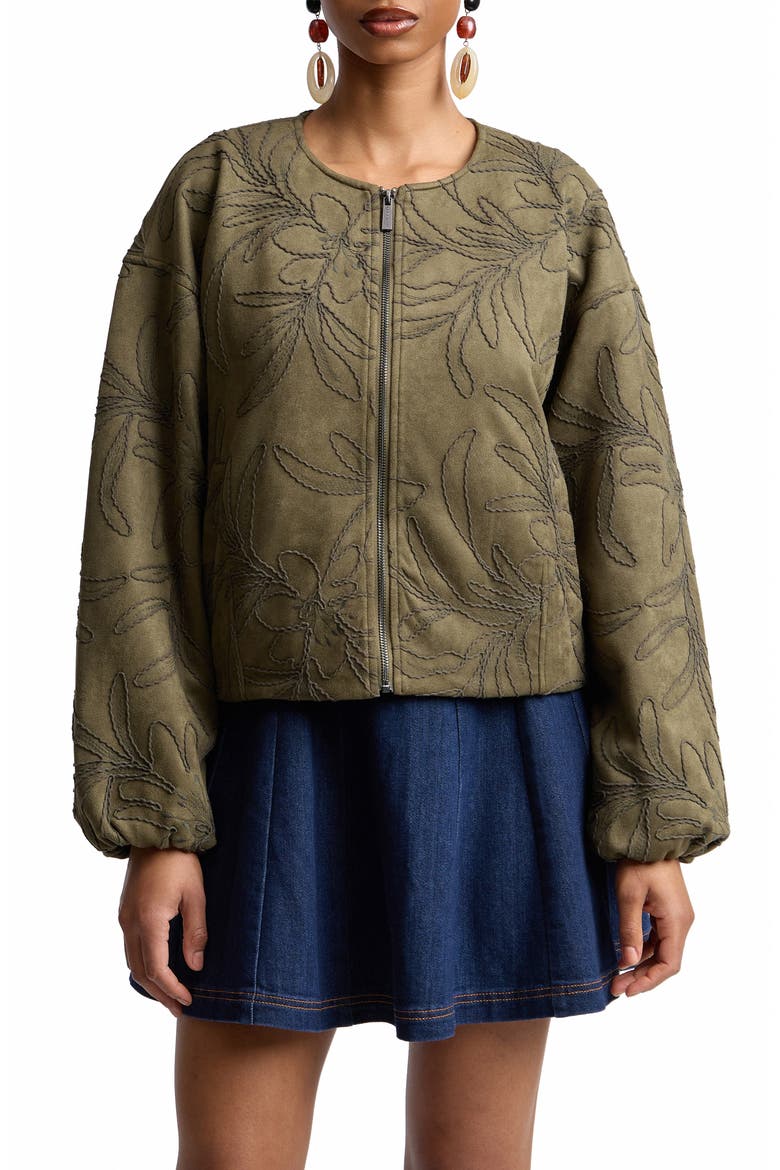 Leaf Embroidery Faux Suede Jacket, Main, color, FERN