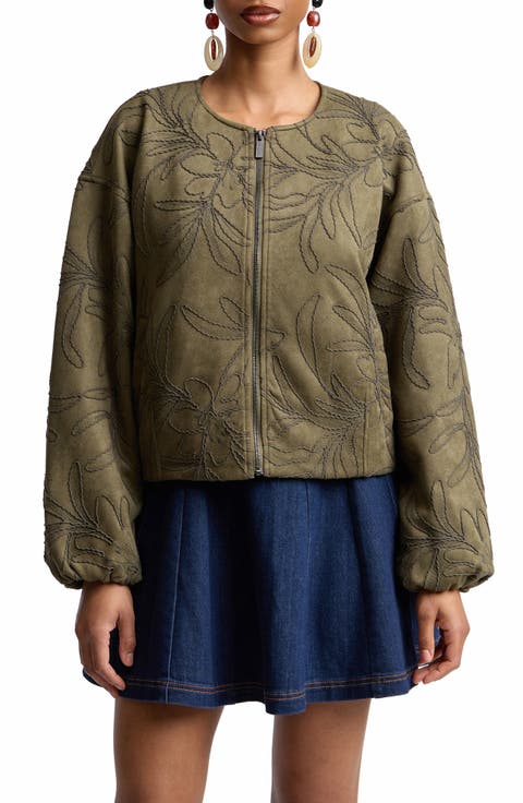 Leaf Embroidery Faux Suede Jacket