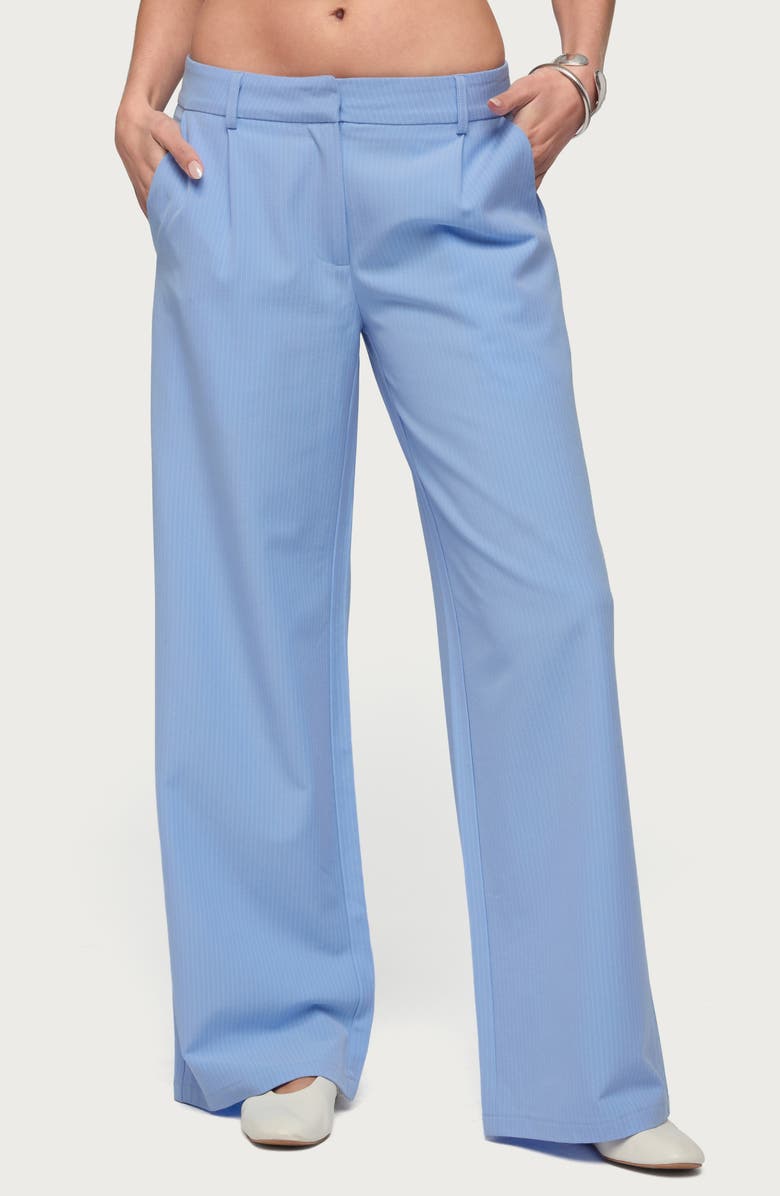 EDIKTED Pinstripe Low Rise Straight Leg Pants, Main, color, Light-Blue