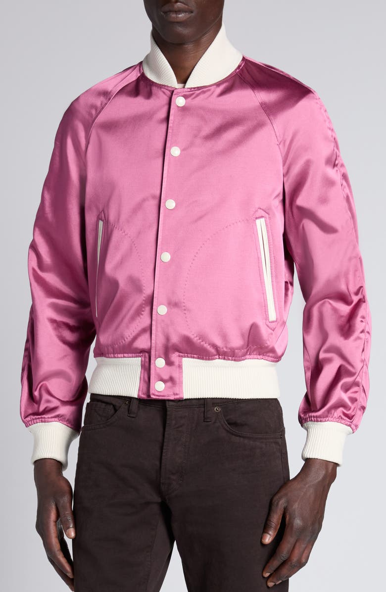 TOM FORD Shiny Satin Bomber Jacket, Alternate, color, Xfuwh Fuxia/ White