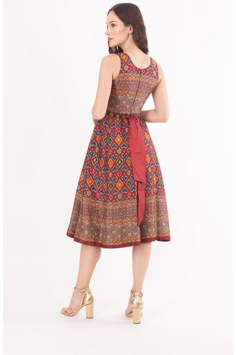 Russet Ajrakh Print Midi Dress, Alternate, color, Maroon