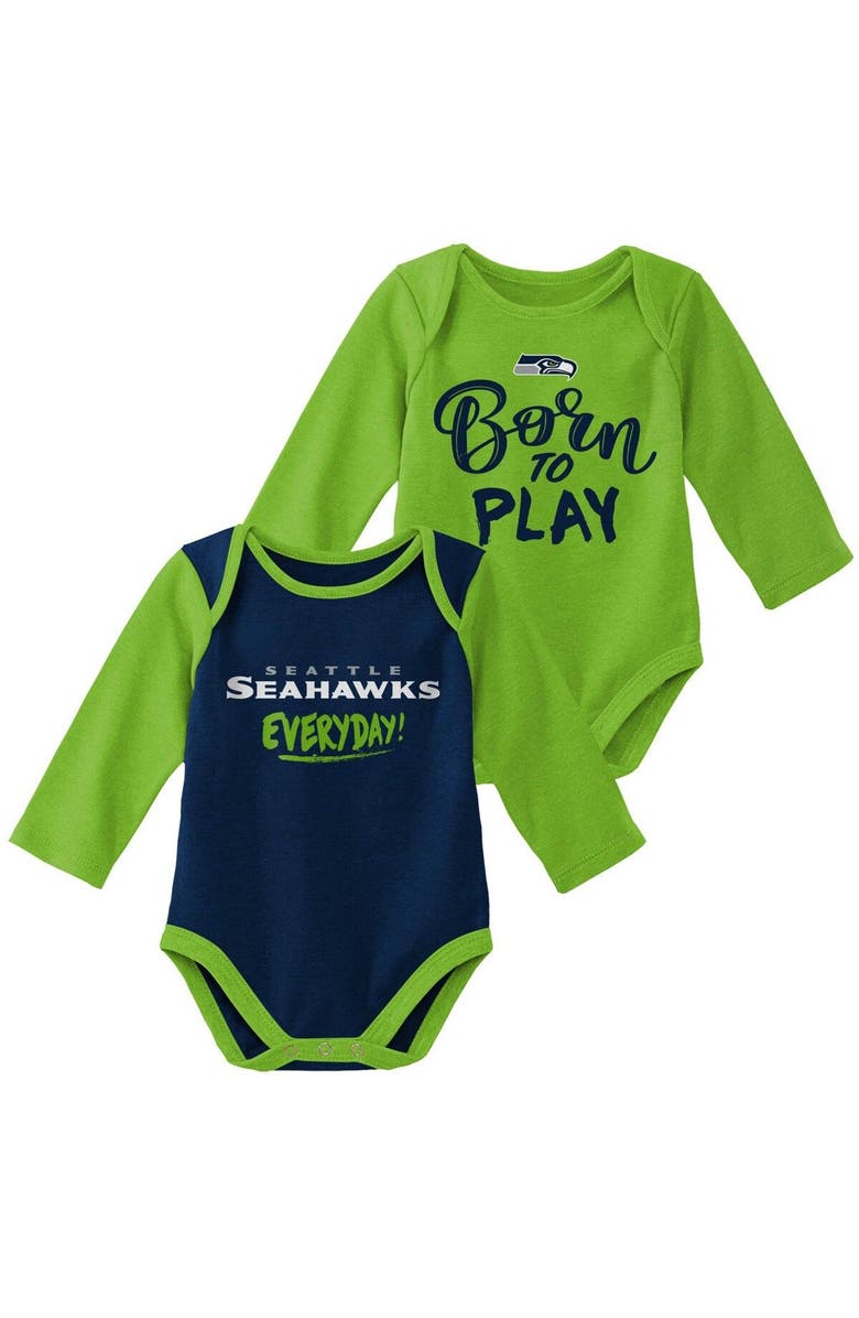 Outerstuff Newborn & Infant Neon Green/College Navy Seattle Seahawks Little Player Long Sleeve 2-Pack Bodysuit Set, Main, color, 