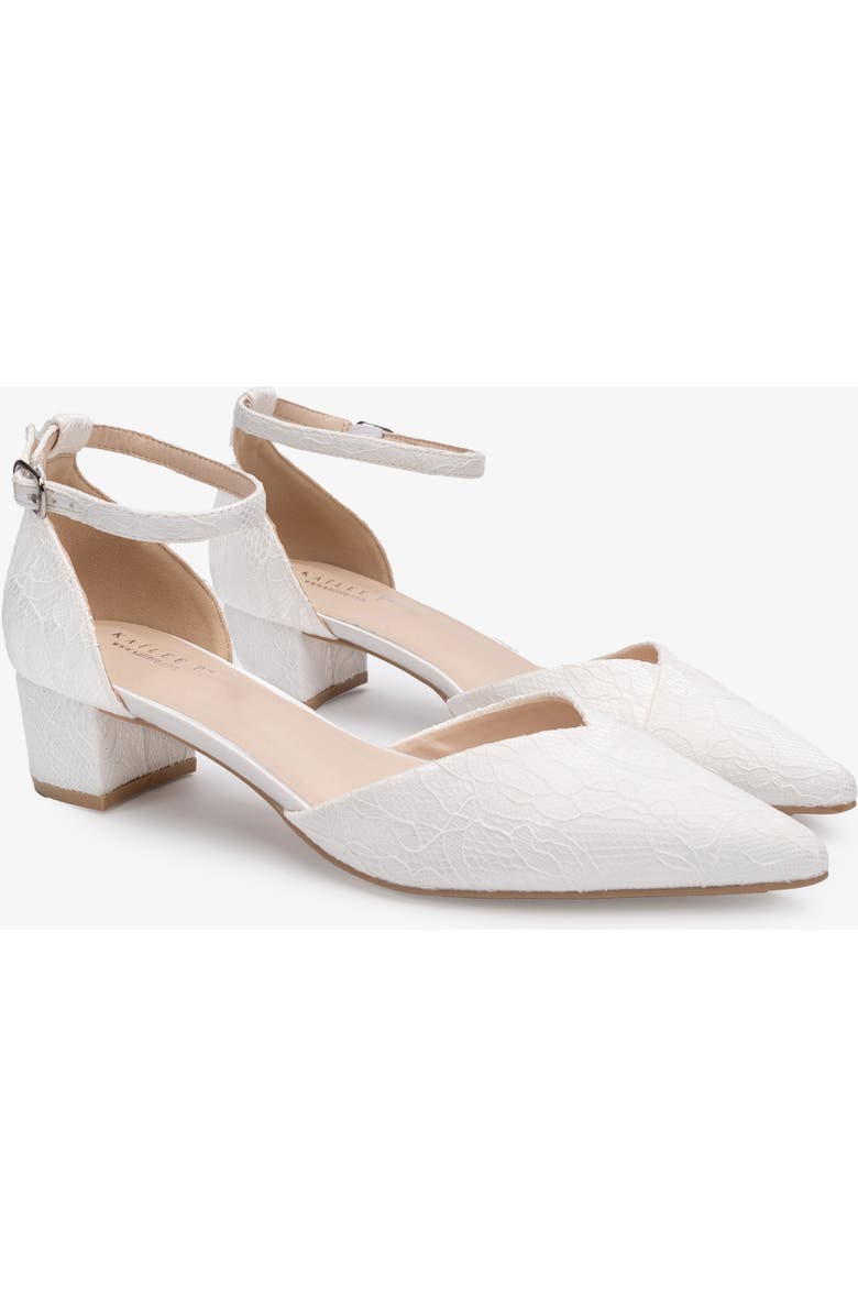 Kailee P Adele Light Blue Lace Pointy Toe Block Heel with Ankle Strap, Main, color, White