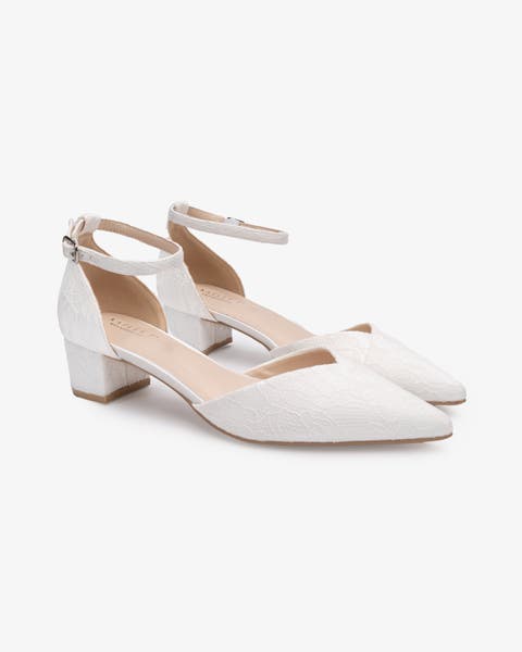 Adele White Lace Pointy Toe Block Heel with Ankle Strap