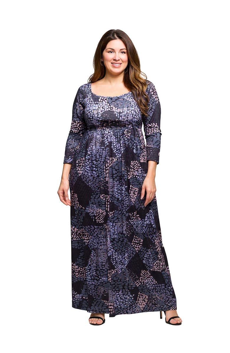 24seven Comfort Apparel Long Sleeve Empire Waist Maxi Dress in Print, Main, color, Grey Multi