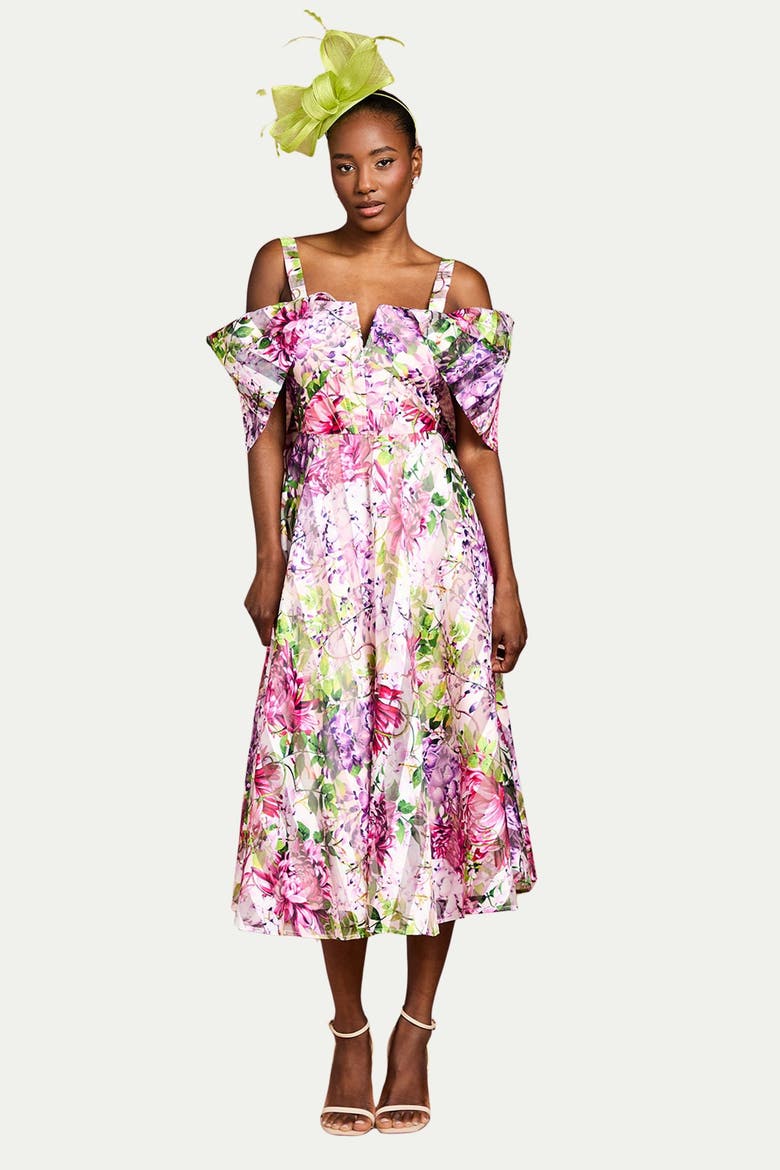 Organza Bardot Midi Dress, Alternate, color, Pink