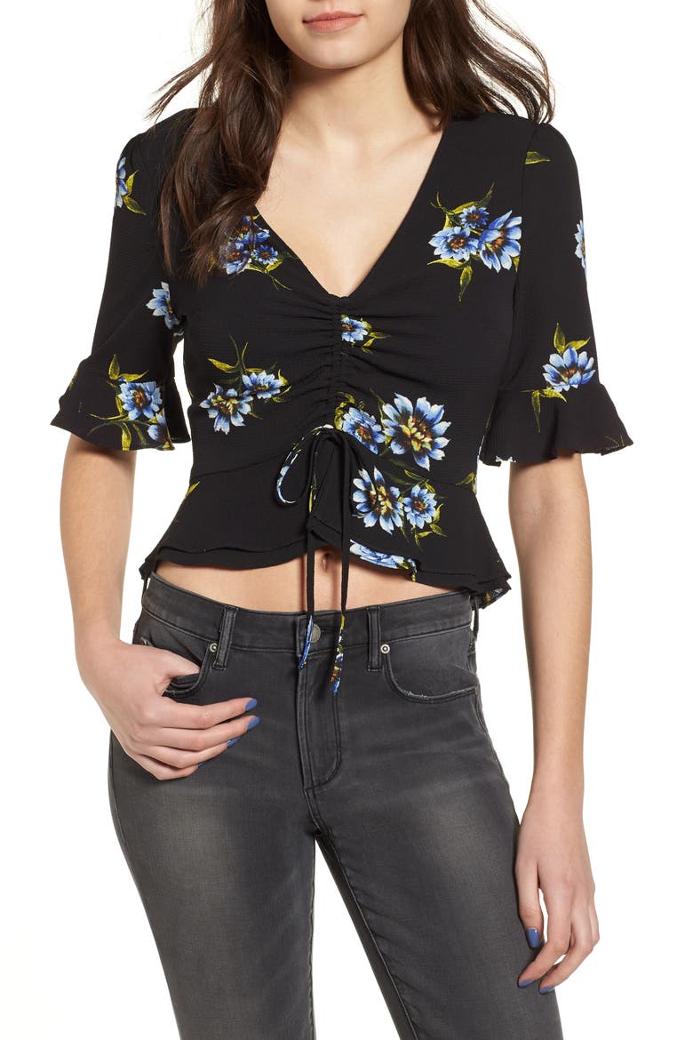 Cinch Front Crop Top, Main, color, BLACK MULTI FLORAL